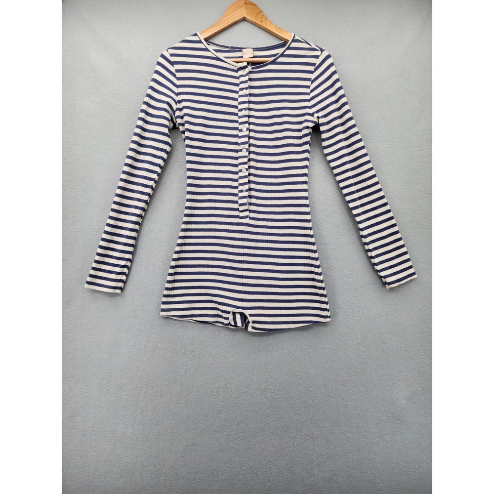 Messy Bun Just Chillin Striped Henley Romper Long Sleeve Blue Cream Ribbed SZ M